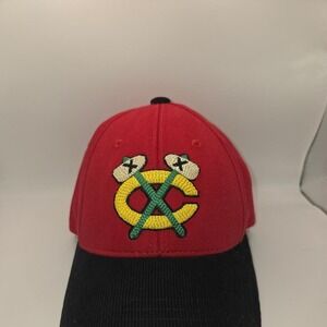 American Needle Chicago Blackhawks Hat Red Black Corduroy Vintage NHL Cap